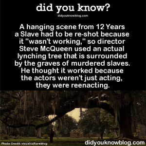 A hanging scene from 12 Years a Slave had to be re-shot because it “wasn’t working,” so director Steve McQueen used an actual lynching tree that is surrounded by the graves of murdered slaves. He thought it worked because the actors weren’t just acting, they were reenacting.